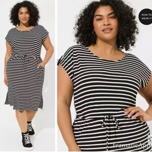Torrid Jersey Criss Cross Black and White Striped Midi Dress